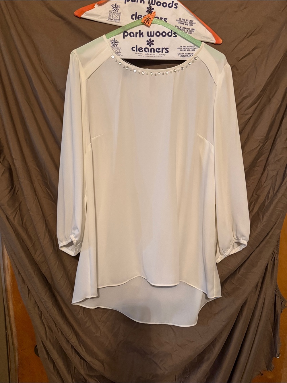 AGB White Rhinestone-Trim Long Sleeve Blouse